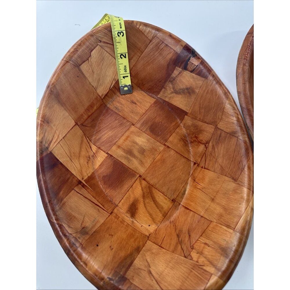 Vintage Parquet Weave Wood Oval Serving Bowls 12" Lot of 2 Woven Mid Century MCM - Picture 7 of 9